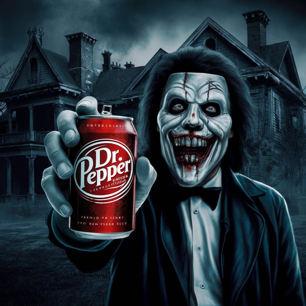 a person wearing a Valik mask holding a can of Dr. Pepper so...