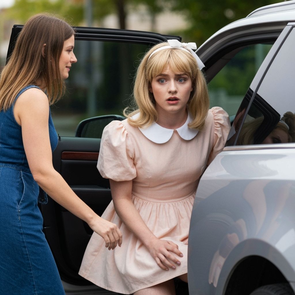 Crossdressing Man Greets Woman Opening Car Door