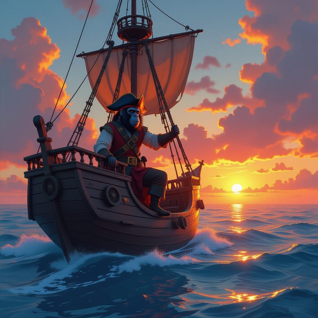 Baboon Pirate Ship at Sunrise, Fantasy Concept Art