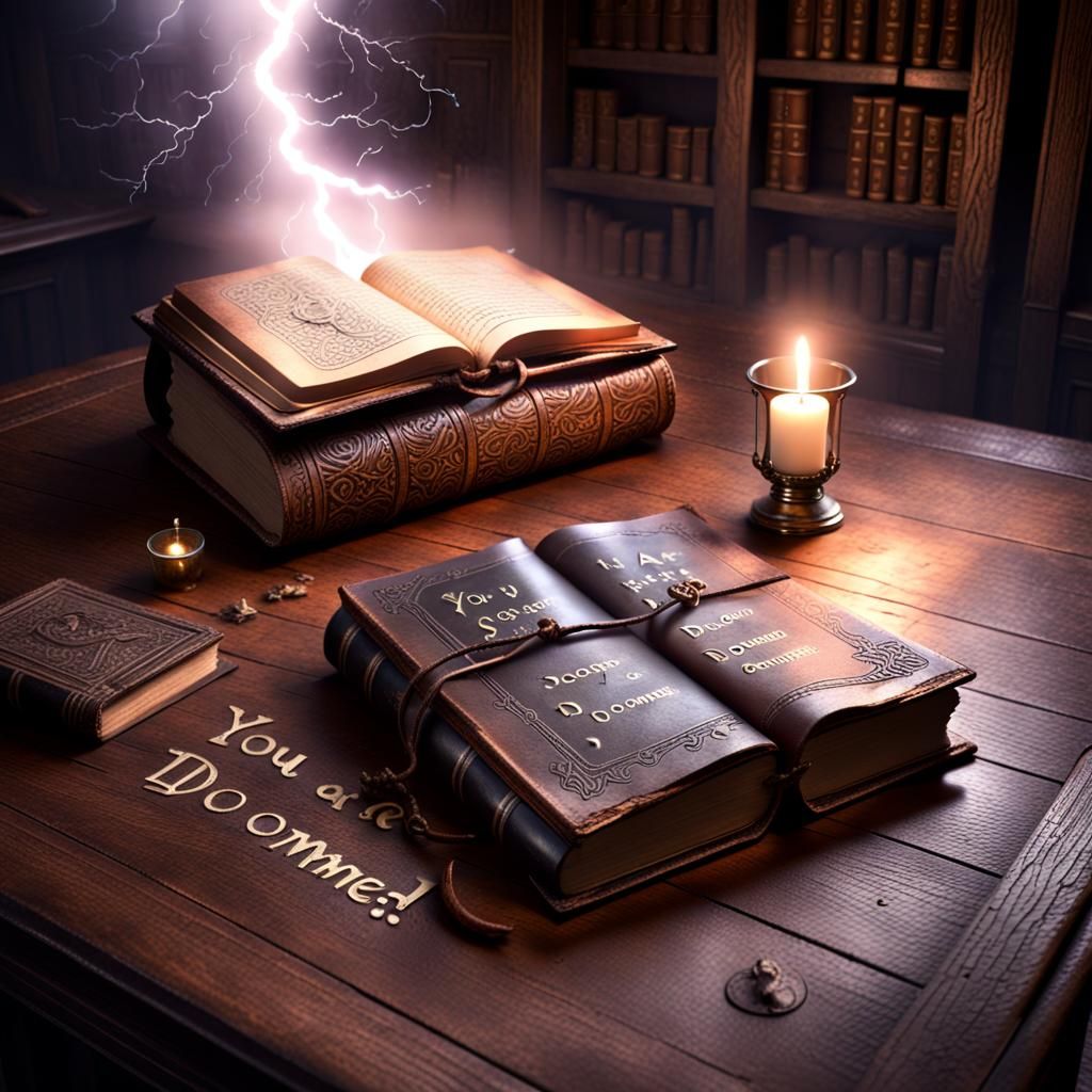 lying on an acient oak desk, a medieval leather bound book of magic from which a spell is escaping