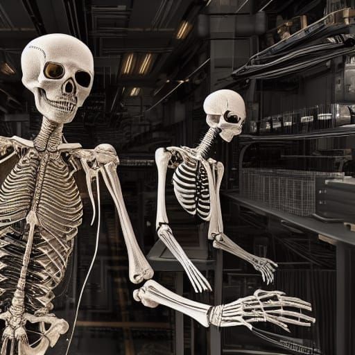 Cyberpunk Skeletons Work in Biology Lab in 4K
