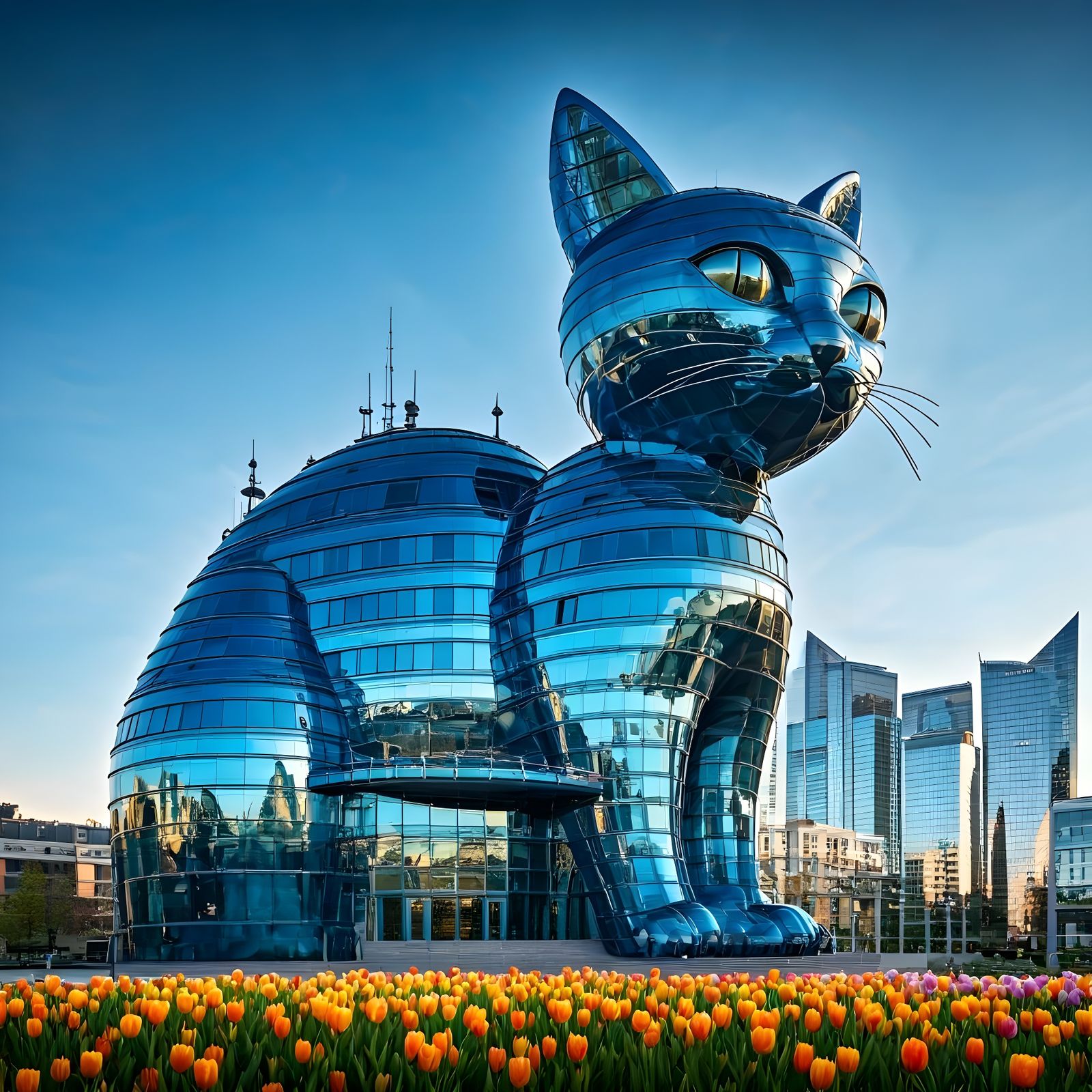 Whimsical Cat-Shaped Skyscraper with Swooping Windows
