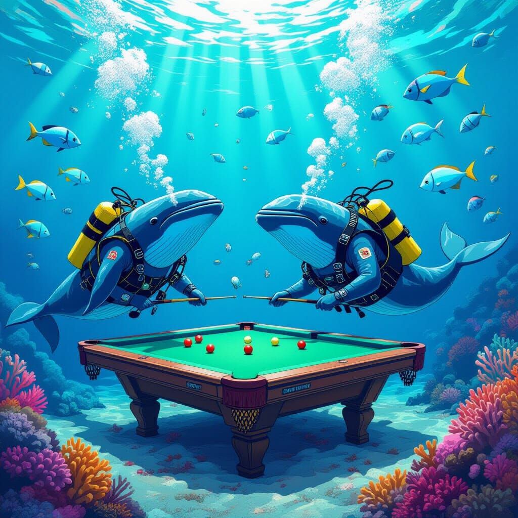 Whales Play Billiards Underwater: Dreamy Painterly Style