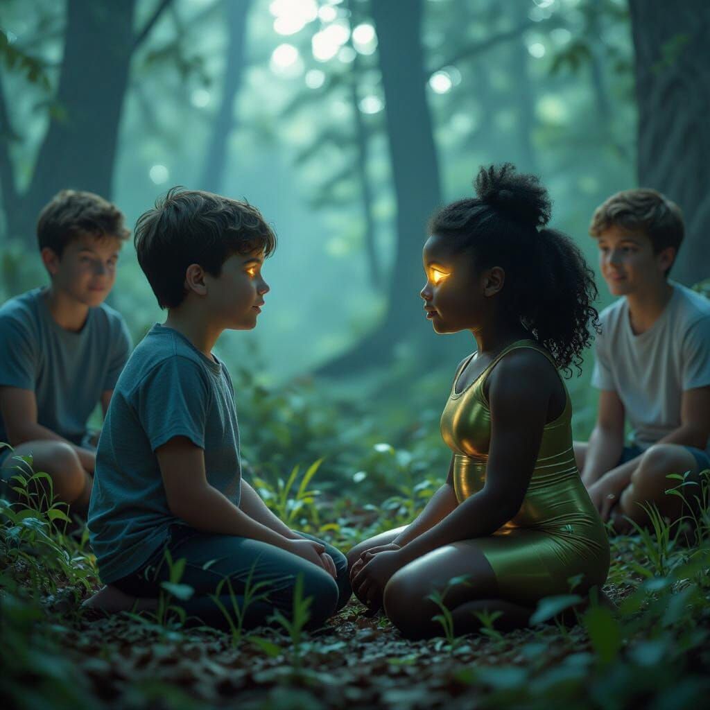 Hypnotic Forest Scene with Glowing Crystal