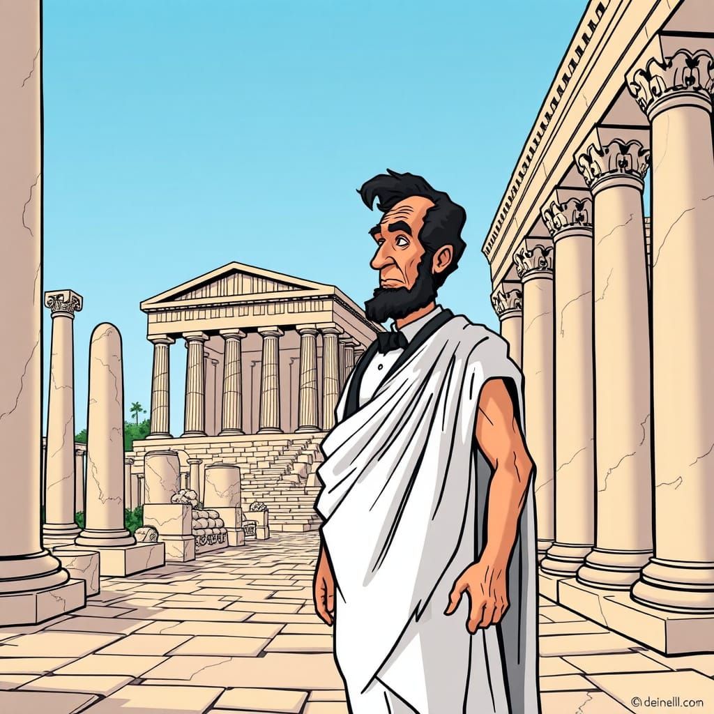Cartoony Abraham Lincoln AS a Greek Philosoph in athen