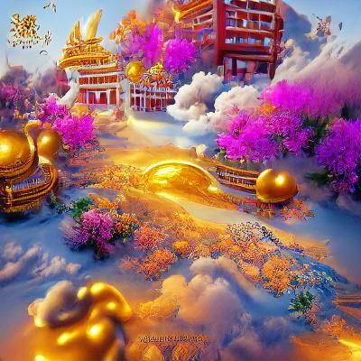 Golden Paradise Garden of Lovers in Matte Painting Style