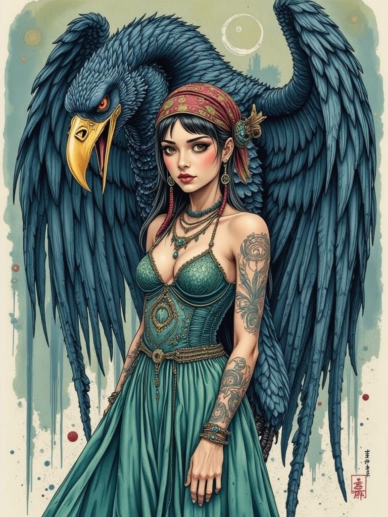 Woman and Gryphon in Watercolor Pinup Style
