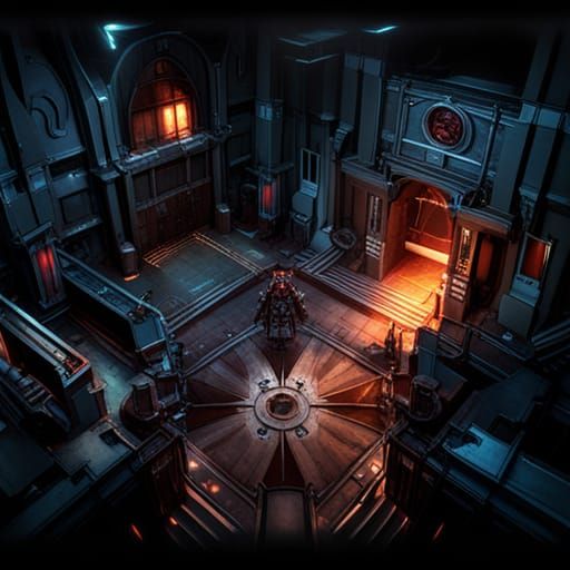 Dark Gothic Spaceship Interior with Flames and Cables