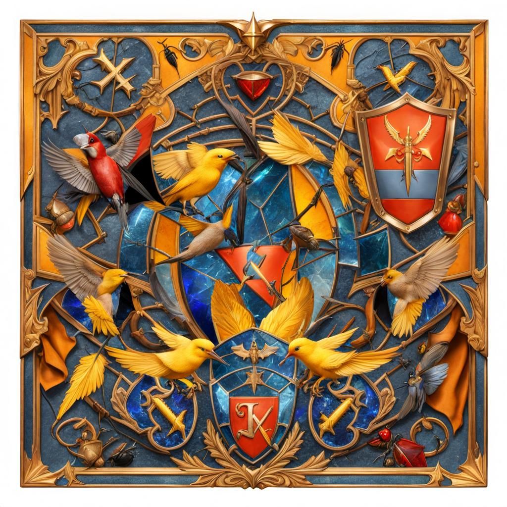 Detailed 3D Rendering of Birds, Armor and Runes