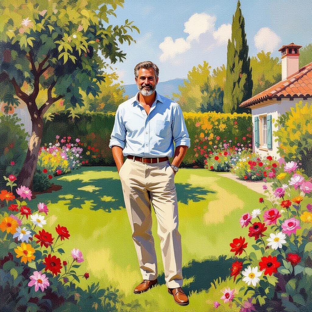 Proud Father, Impressionist Gouache Painting of Perfect Lawn