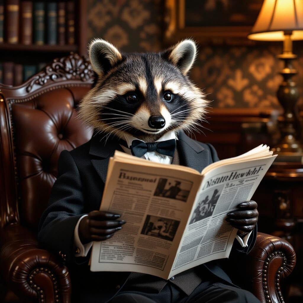 Dapper Raccoon in Cozy Study, Whimsical Art