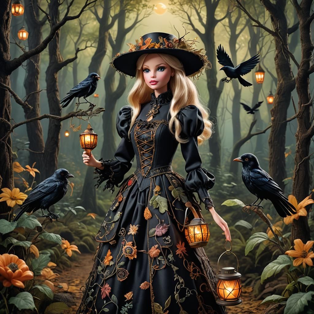 Anthropomorphic Barbie in Dark Forest, Fantasy Realism