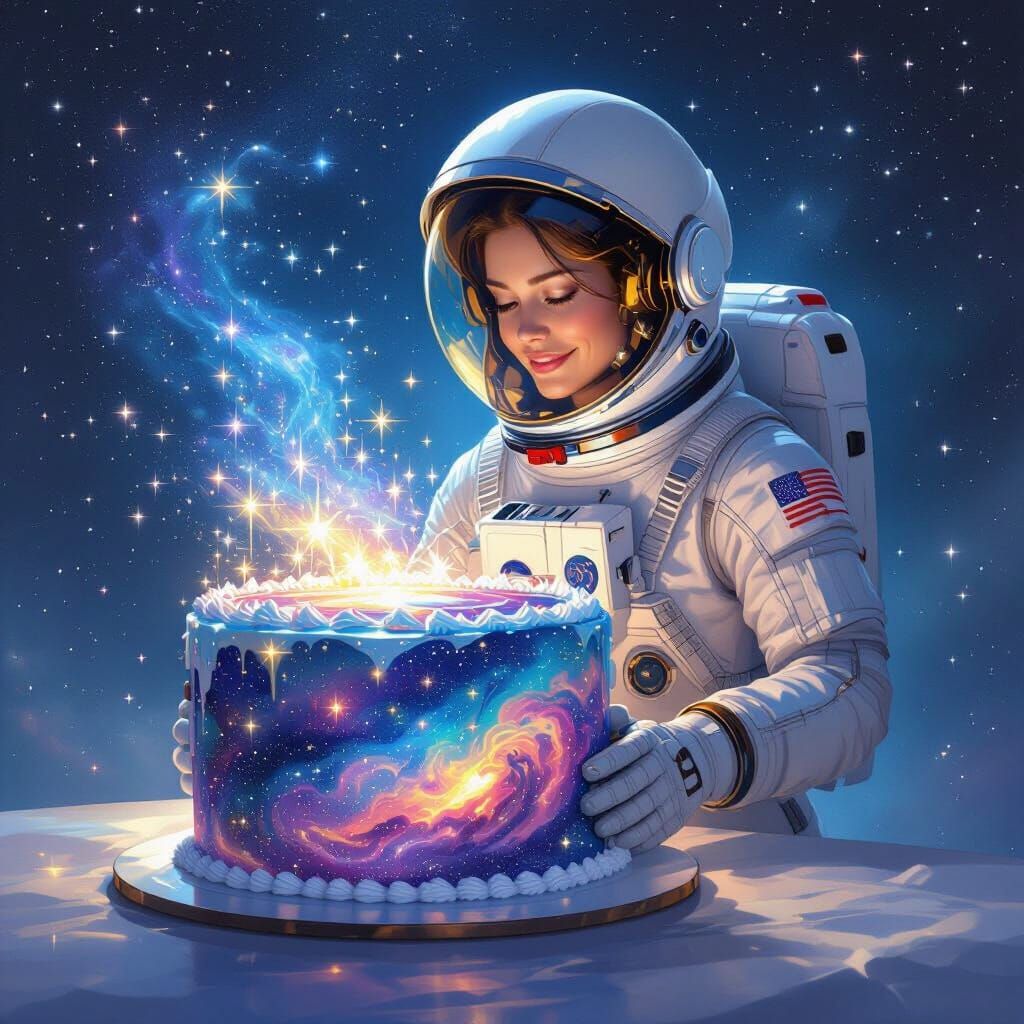 Astronaut Celebrates Anniversary Under Nebula Cake