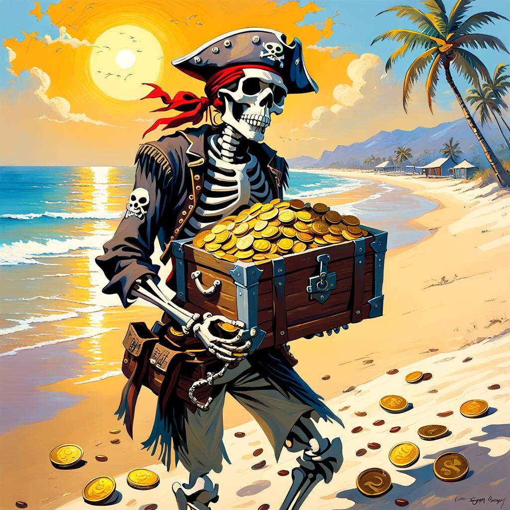 Skeleton Pirate on Beach as Impressionist Oil Painting