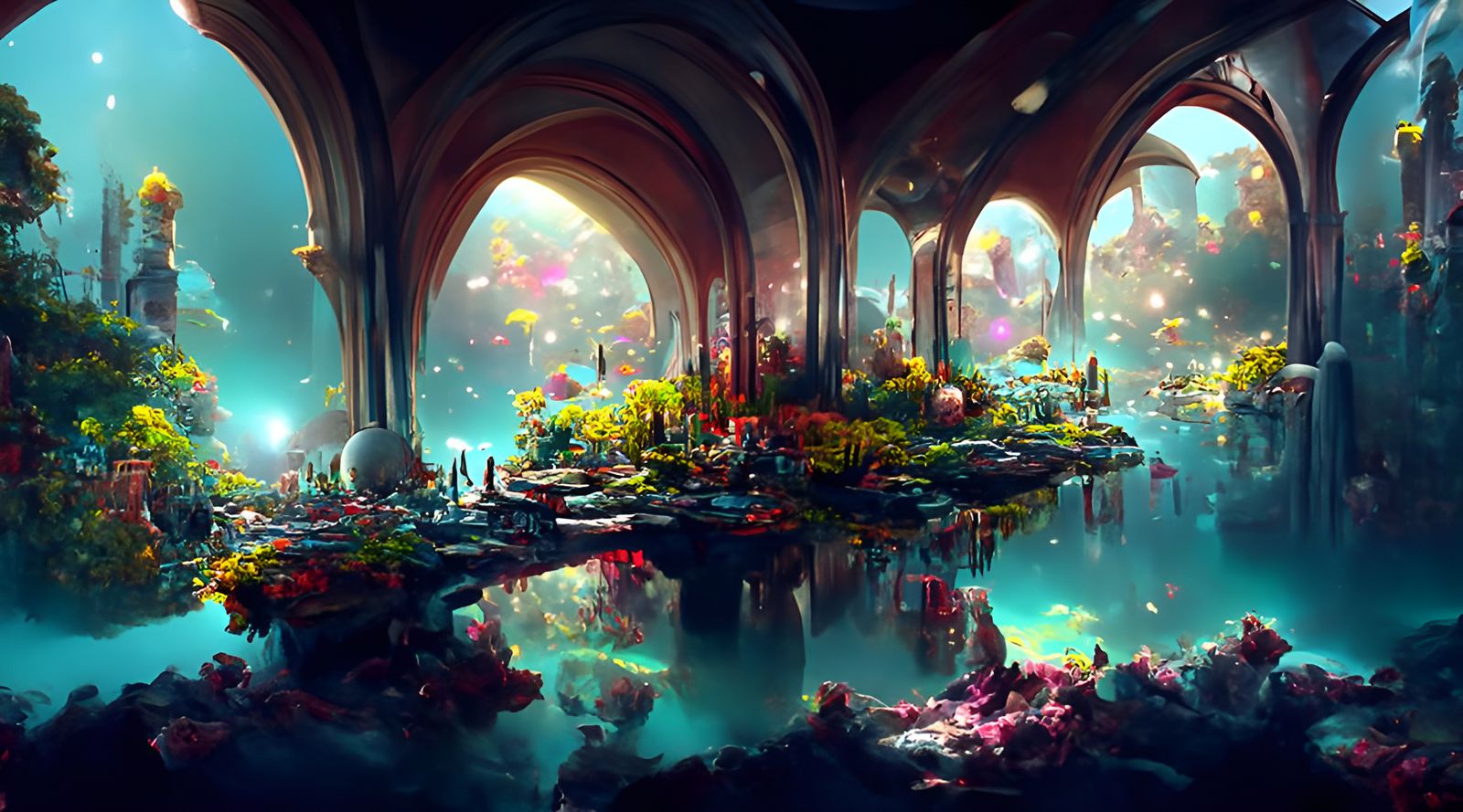 Iridescent Sci-Fi Garden Under Cosmic Sky