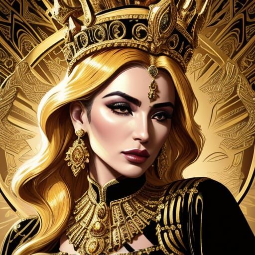 Regal Pop Art Goddess with Glowing Golden Heart