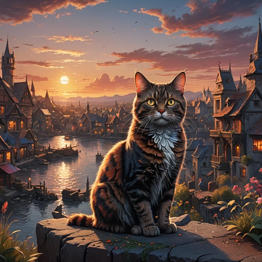 Chalk Cat Watching Sunset in Detailed Painting