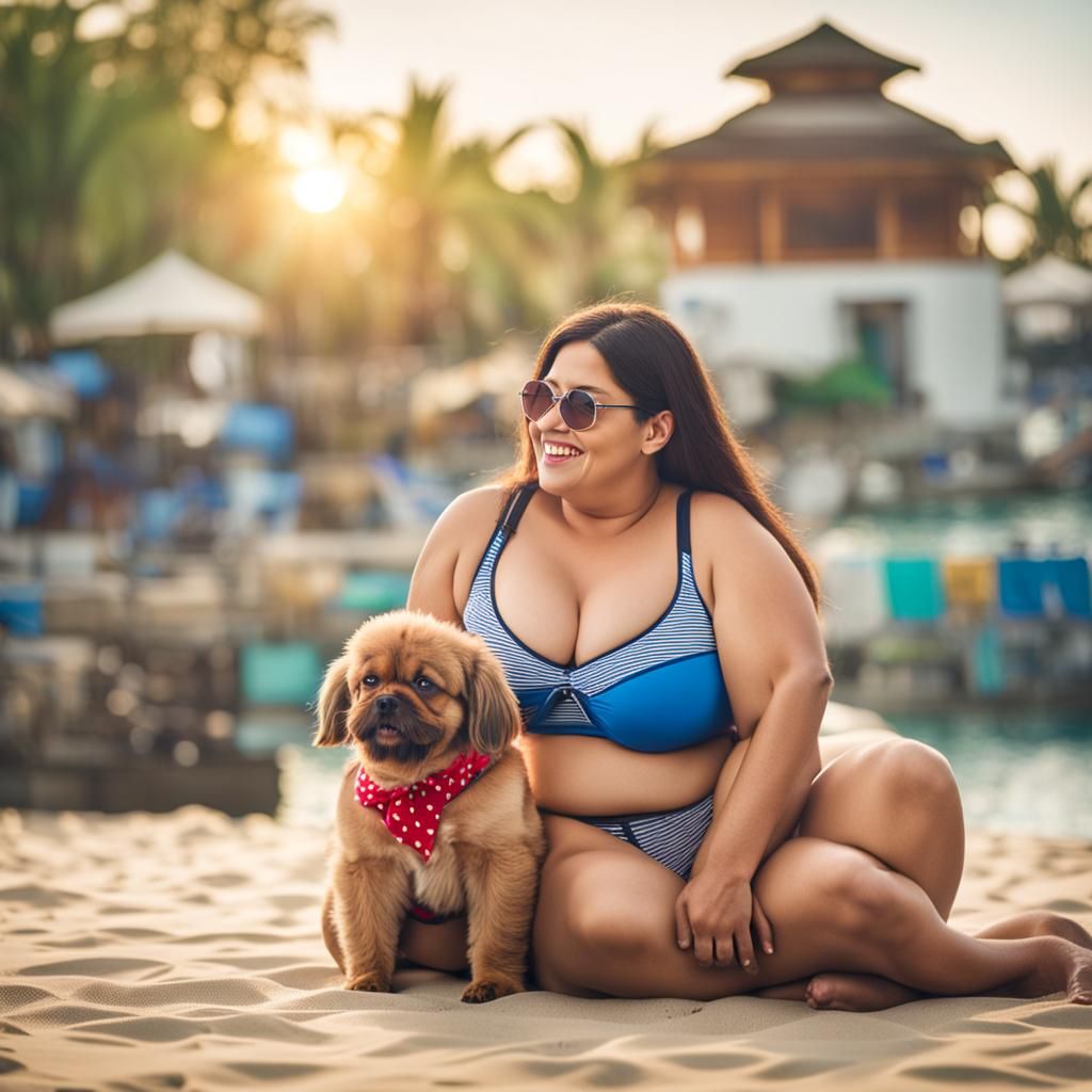 Plus-Size Woman in Bikini with Dog, Professional Photography
