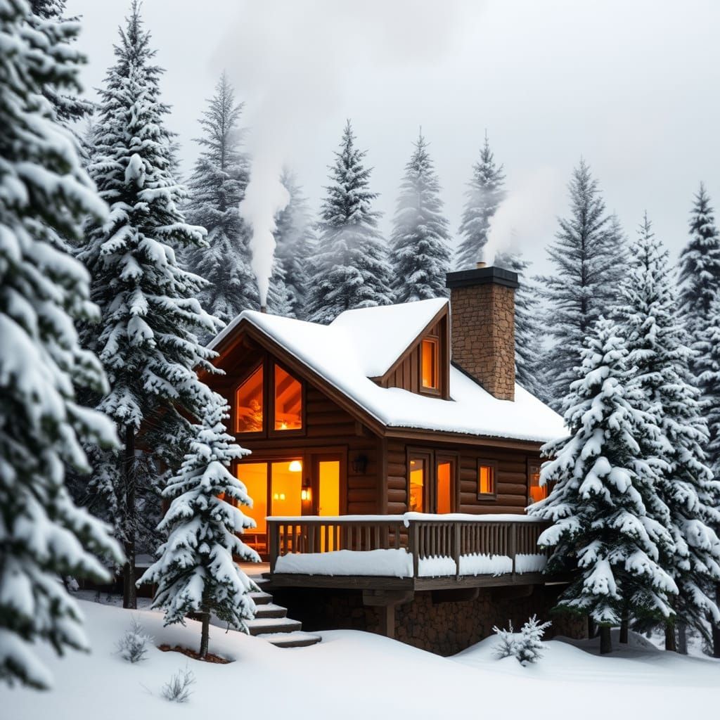 Snowy Mountain Cabin: A Golden Winter Scene