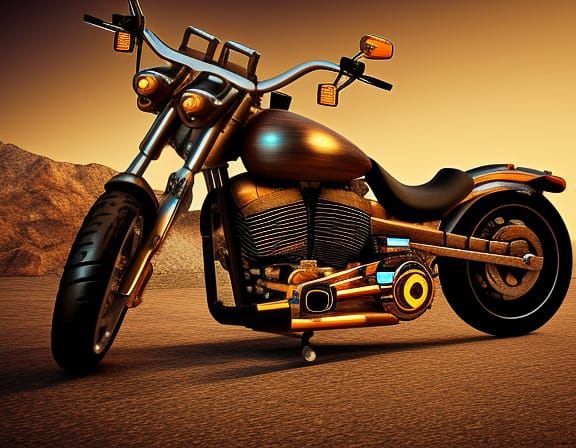 Harley Davidson Chopper at Sunset in Dieselpunk Style