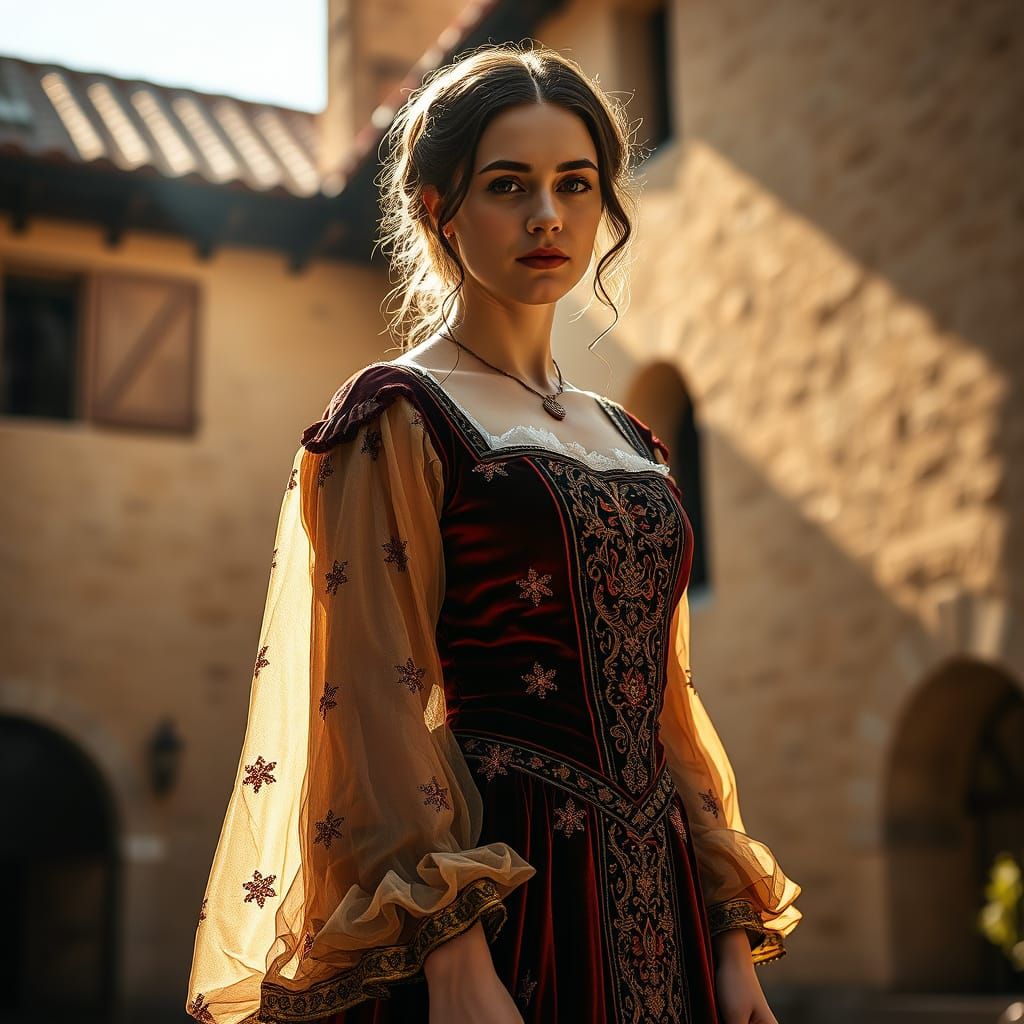 Woman in Elegant 1500s Dress in Courtyard