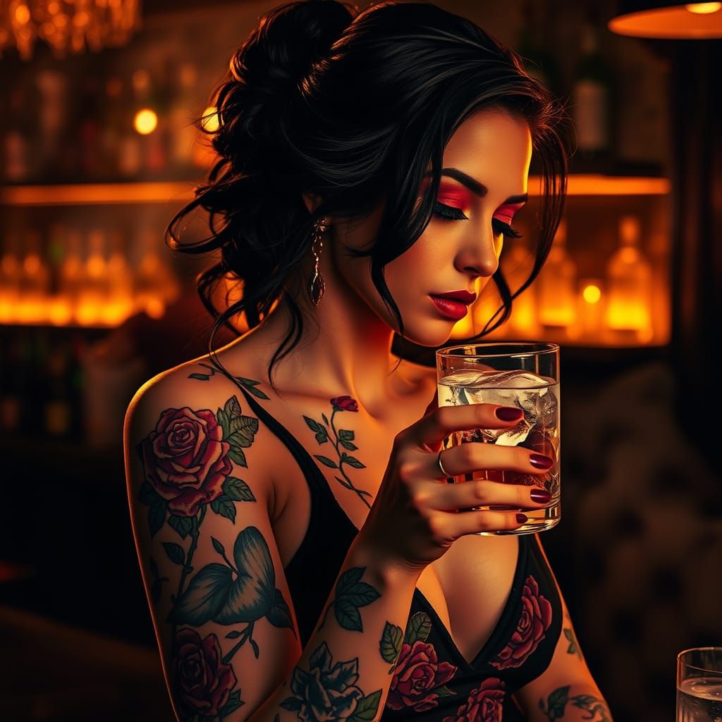 Woman with Vintage Roses Tattoos and Vodka in a Smoky Bar
