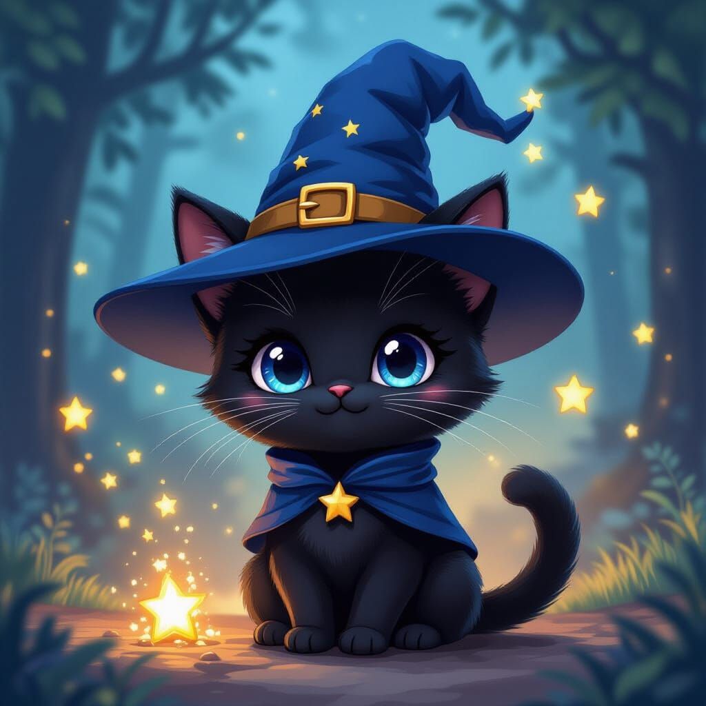 Chibi Black Cat Wizard Hat Matte Painting