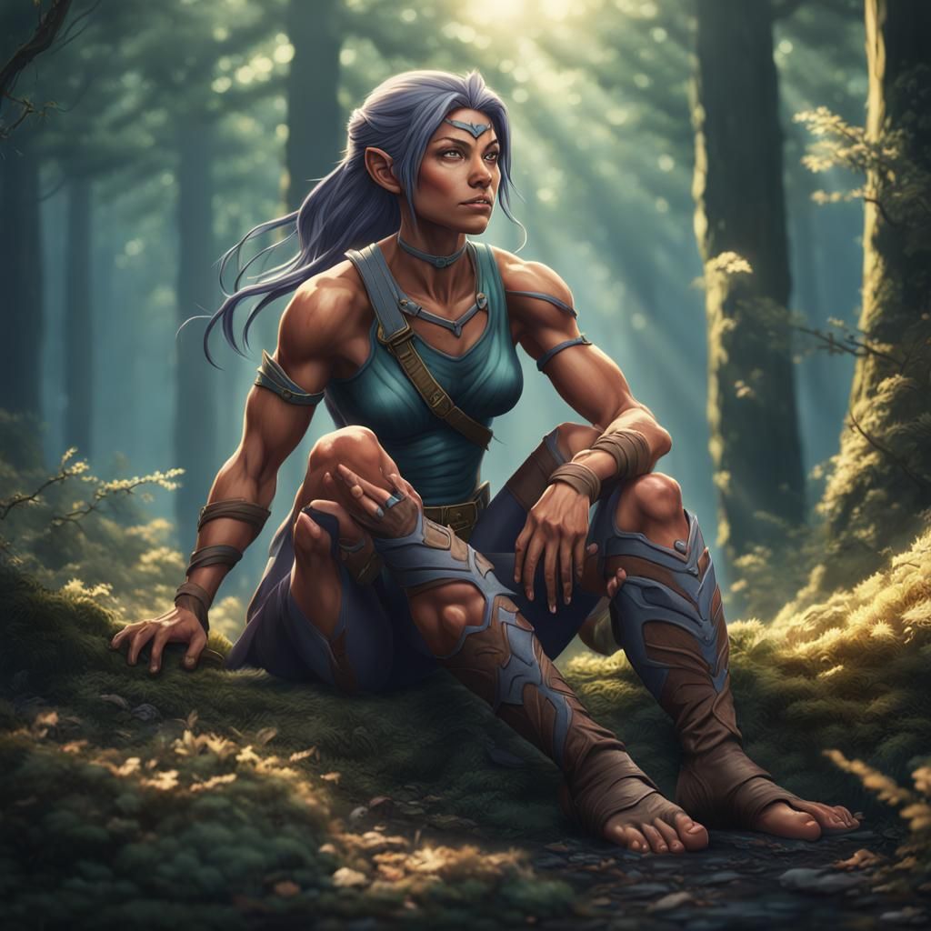 Joyful Anime Huntress Resting in Forest, Digital Art