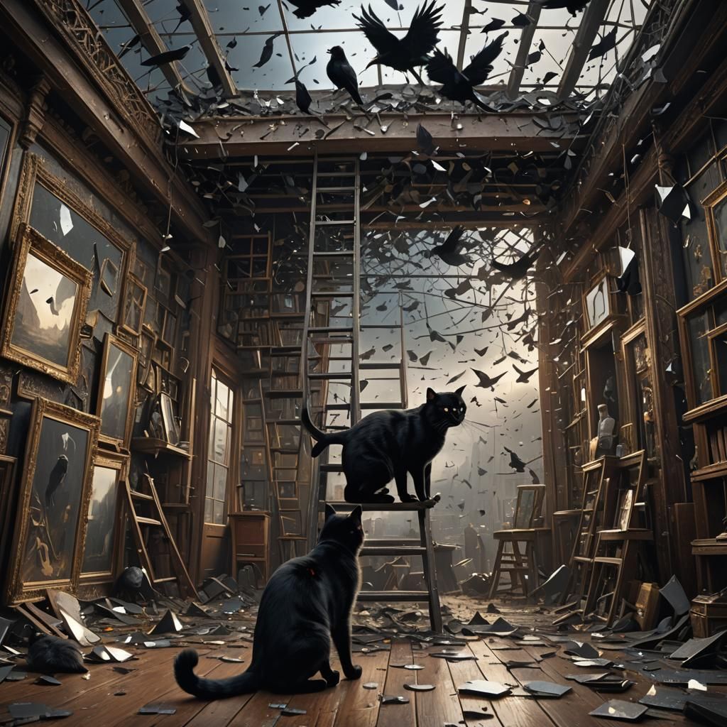 Black Cat Under Ladder With Broken Mirror