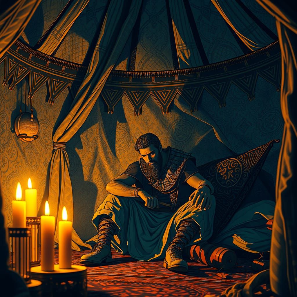 Medieval Hero in Moody, Futuristic Linocut Style