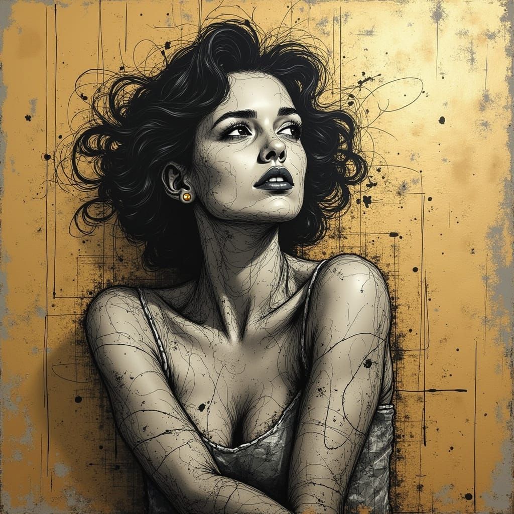 Abstract Babe in Gold Ink Pointillism Style