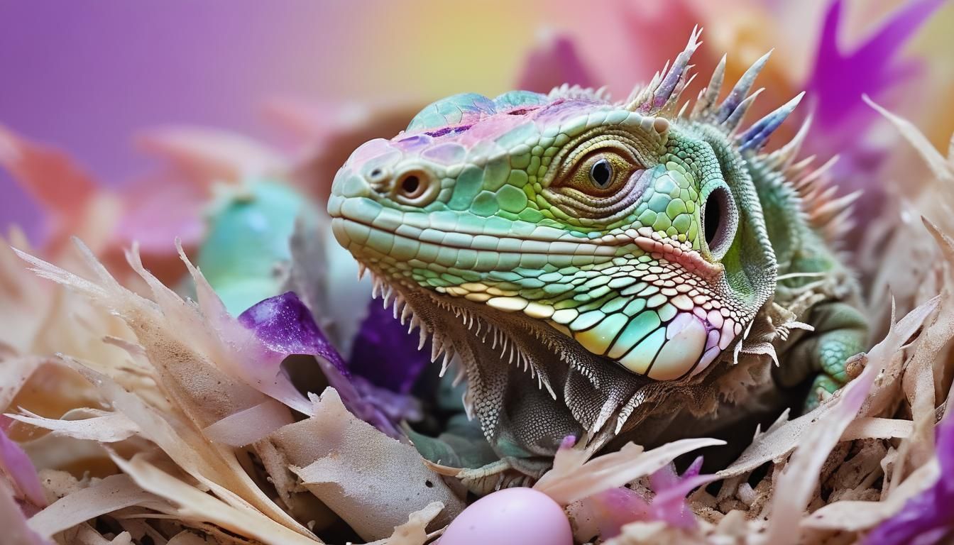 Vibrant Baby Iguana Hatching: Hyper-realistic Digital Art