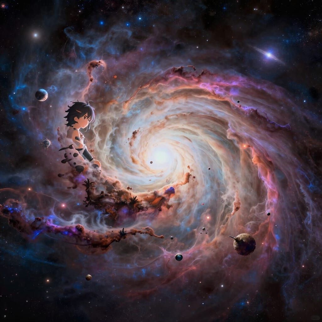 Cosmic Vista of Nebulae and Galaxies in 3D Anime Style