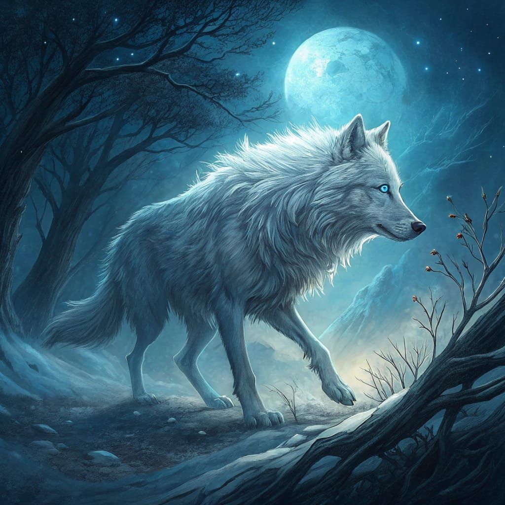 Mystical White Wolf Chasing Under Blue Moonlight