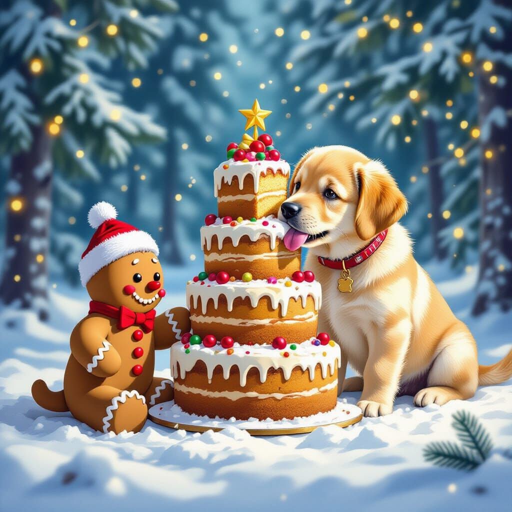 Gingerbread Man & Golden Labrador Puppy Enjoy Christmas Cake