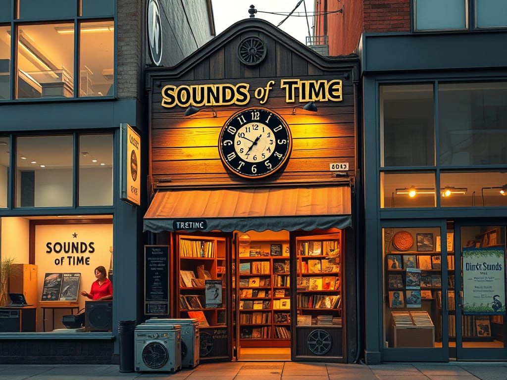 Nostalgic Vinyl Shop in Distressed, Retrofuturistic Style