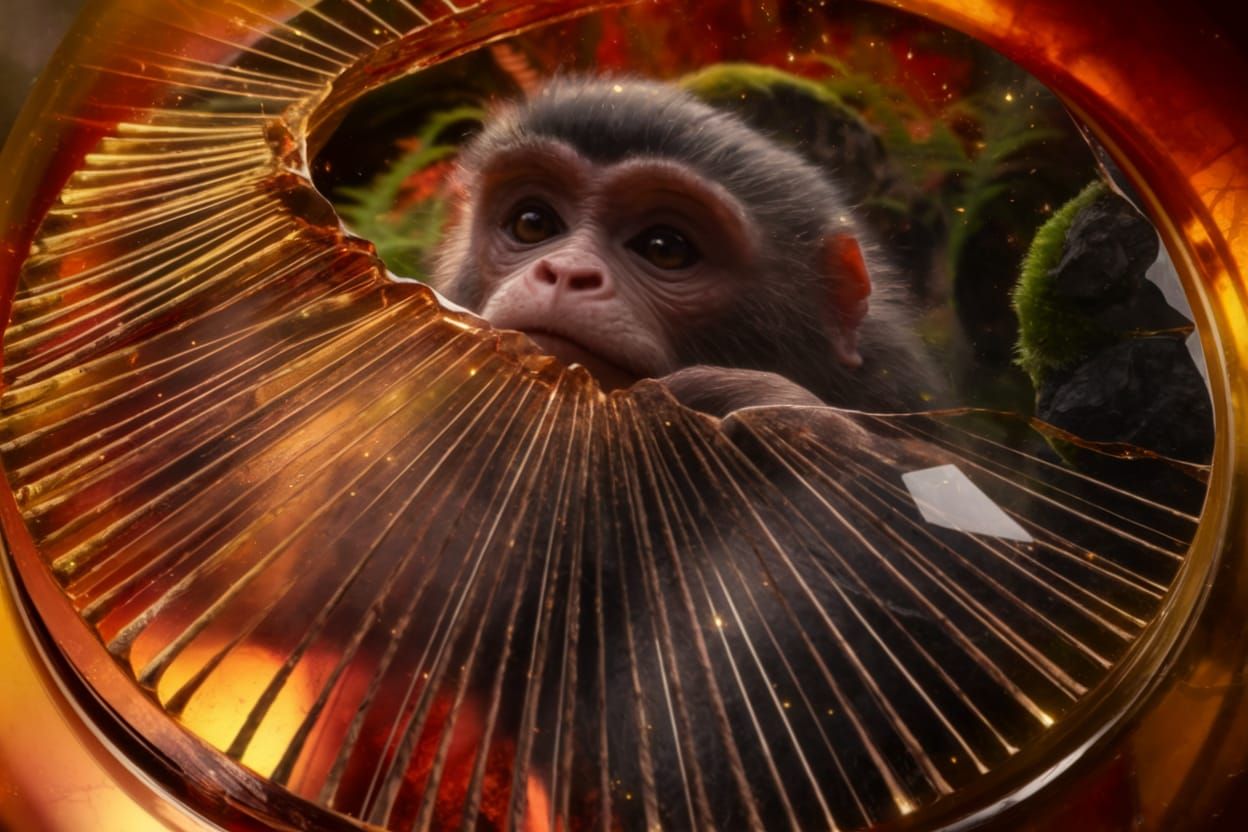 Prehistoric Monkey Face in Amber, Vintage Botanical Style