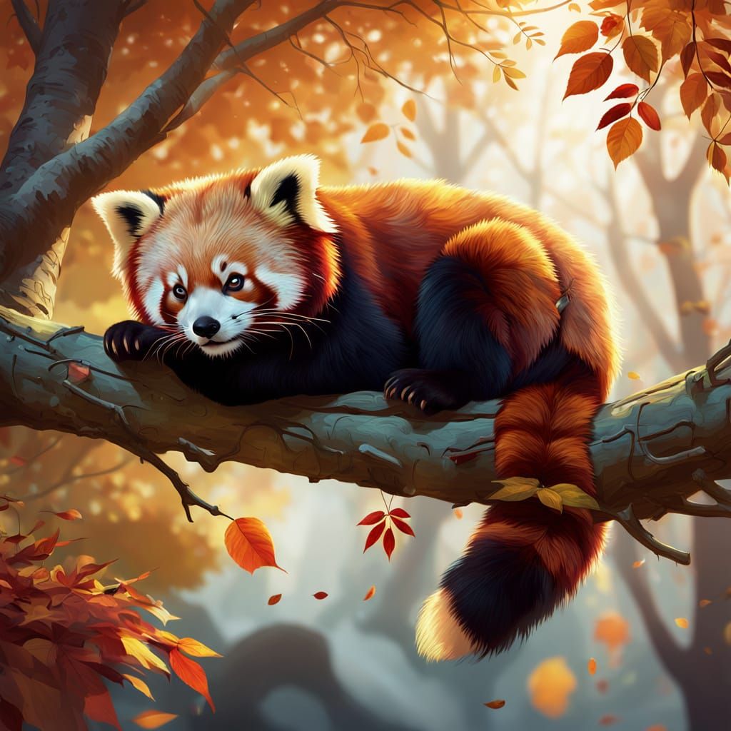 Red Panda Resting on Tree Branch in Autumn