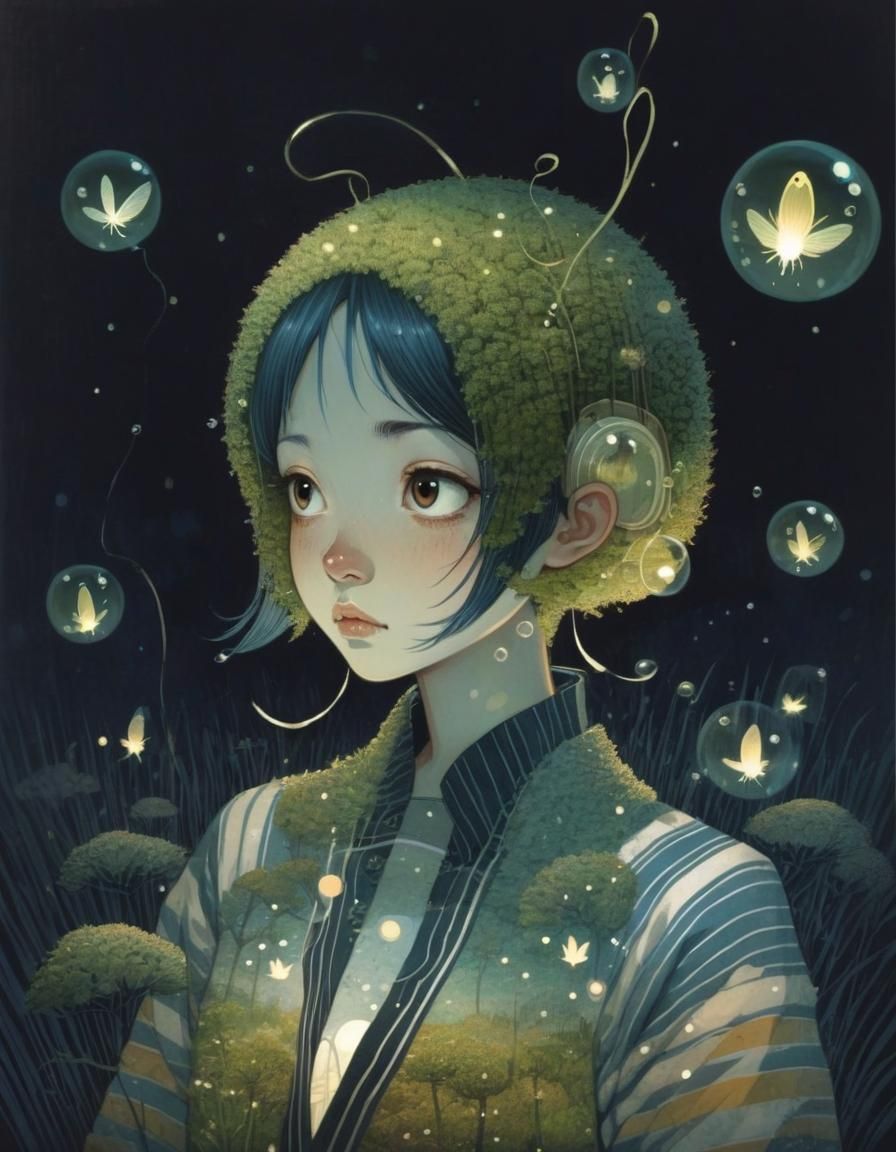 Moss, Fireflies, and Clouds in Surreal Style