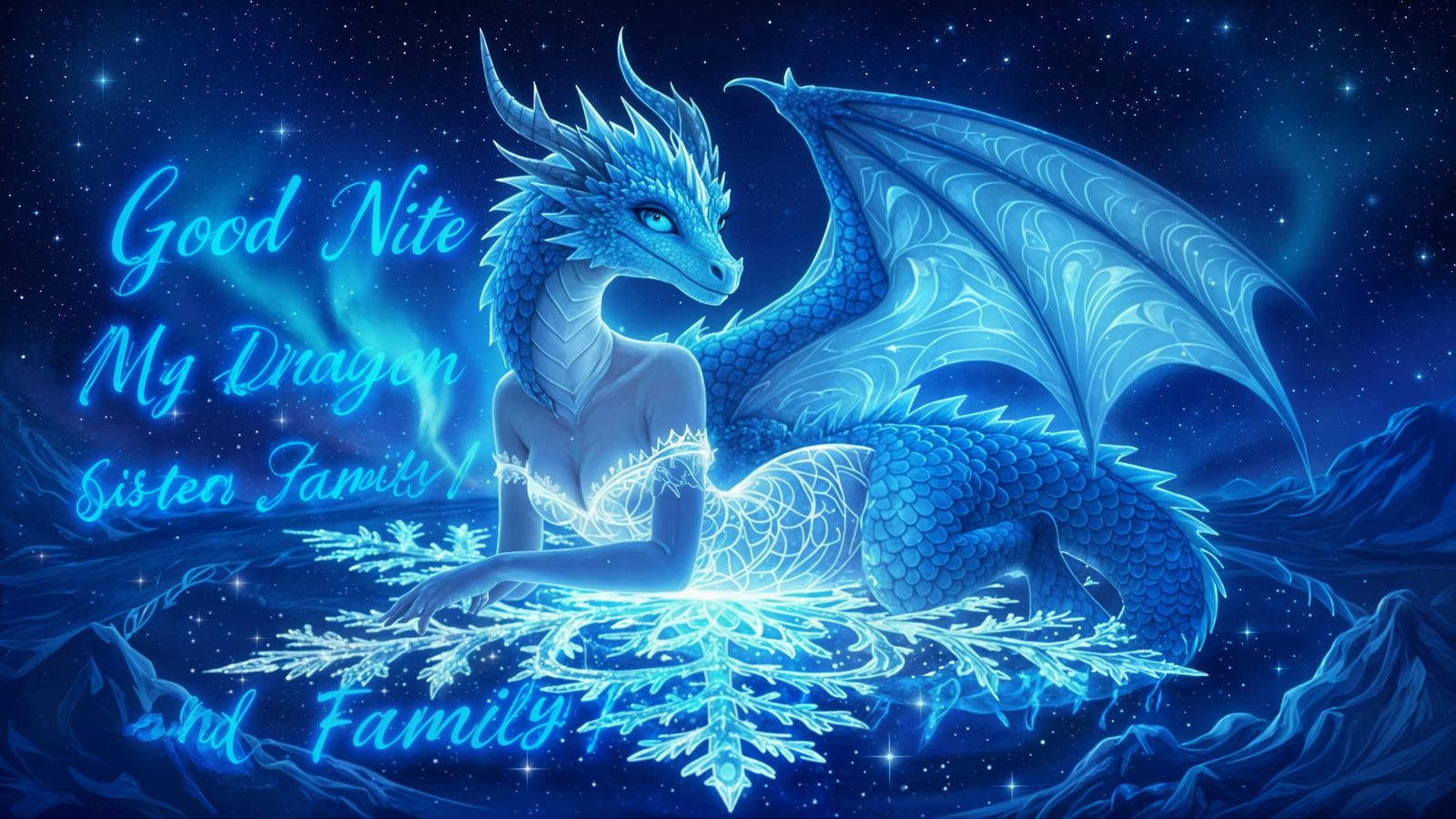 Blue Dragon in Cosmic Snowflake Under Aurora Borealis