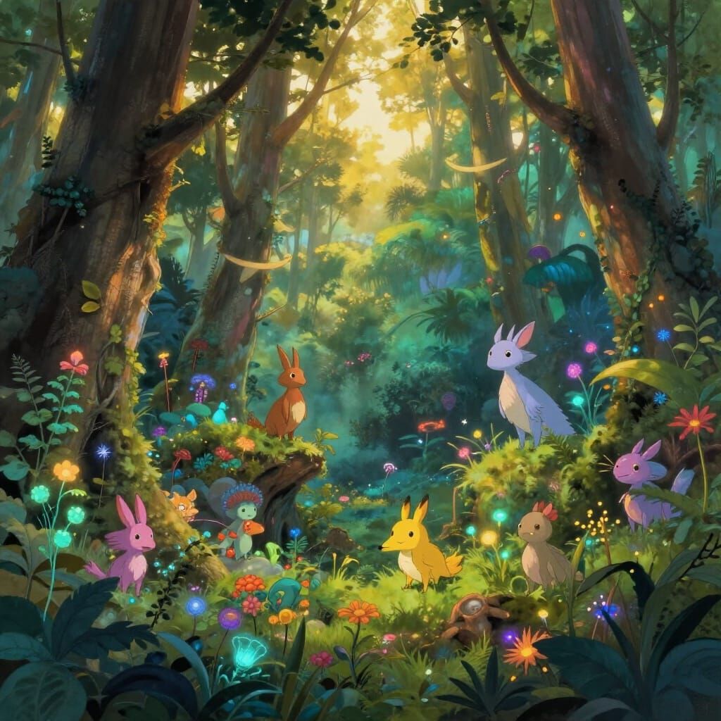 Mystical Vibrant Forest at Golden Hour