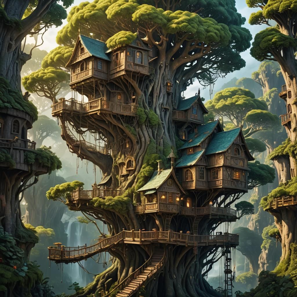 Magical Treehouse in a Detailed Fantasy Landscape