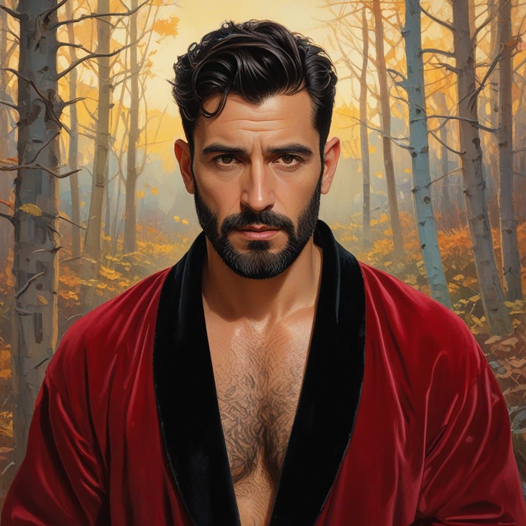 Bearded Man in Red Velvet Robe in Autumn Forest