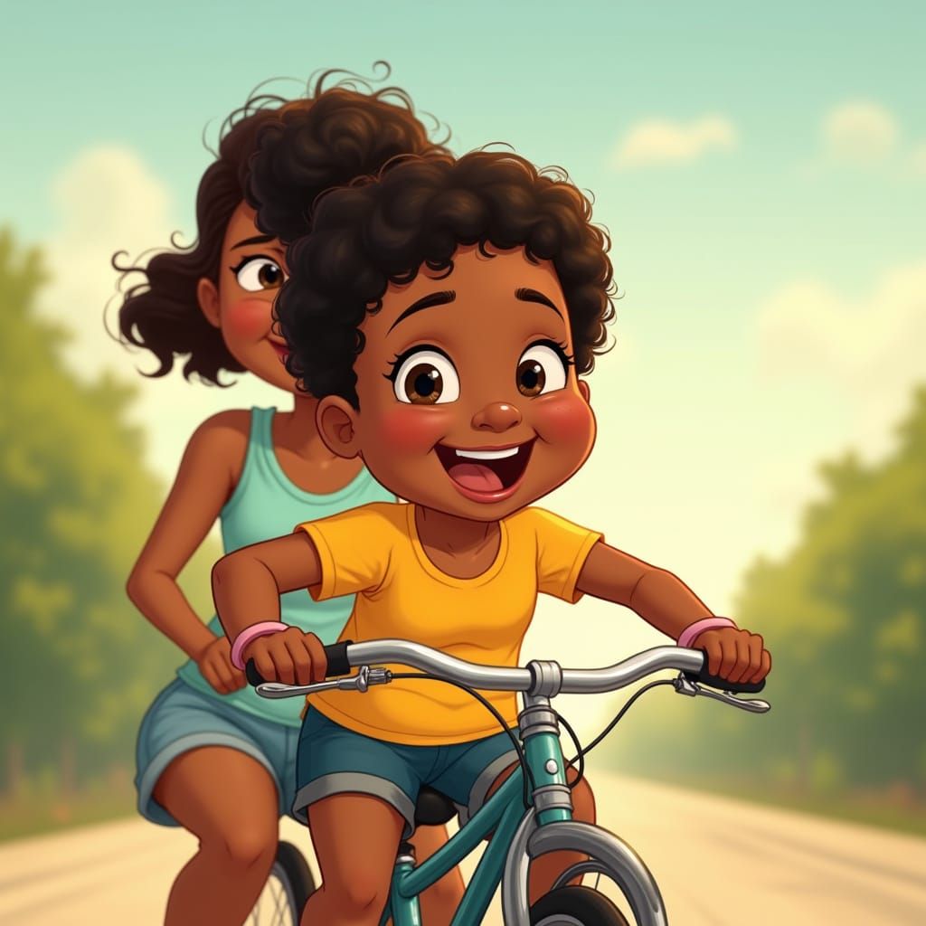 Happy Girl Rides Tandem Bicycle: Pixar-Inspired Animation