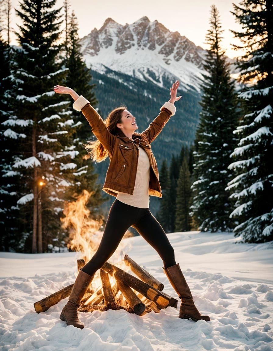 Woman Dancing in Autumn Attire at Ski Resort