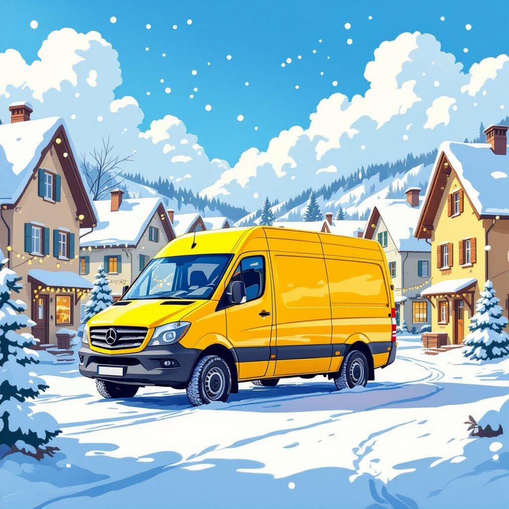 Yellow Van in Snowy Village Square, Watercolor Style