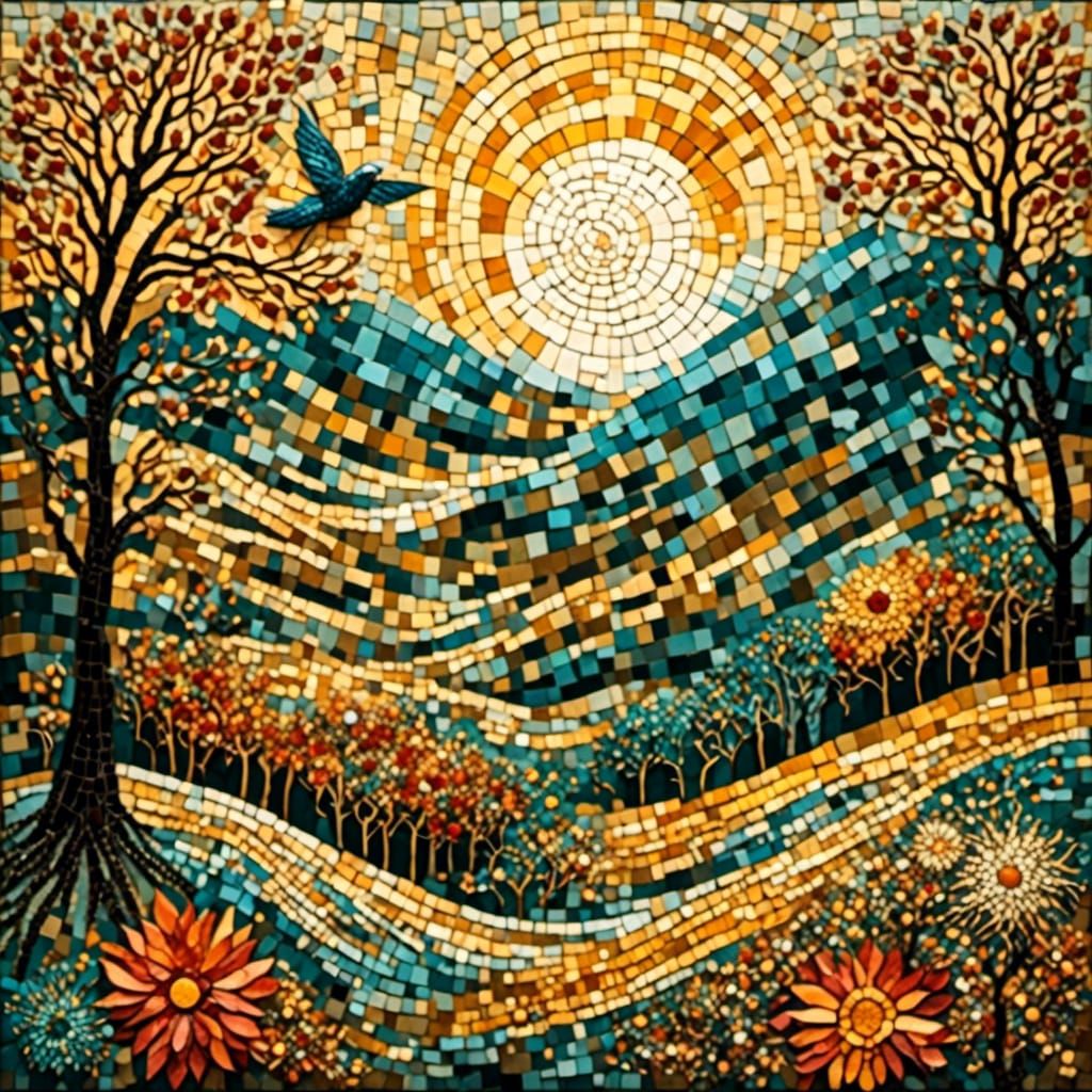 Vibrant Pointillist Gemstone Mosaic Sunset Scene