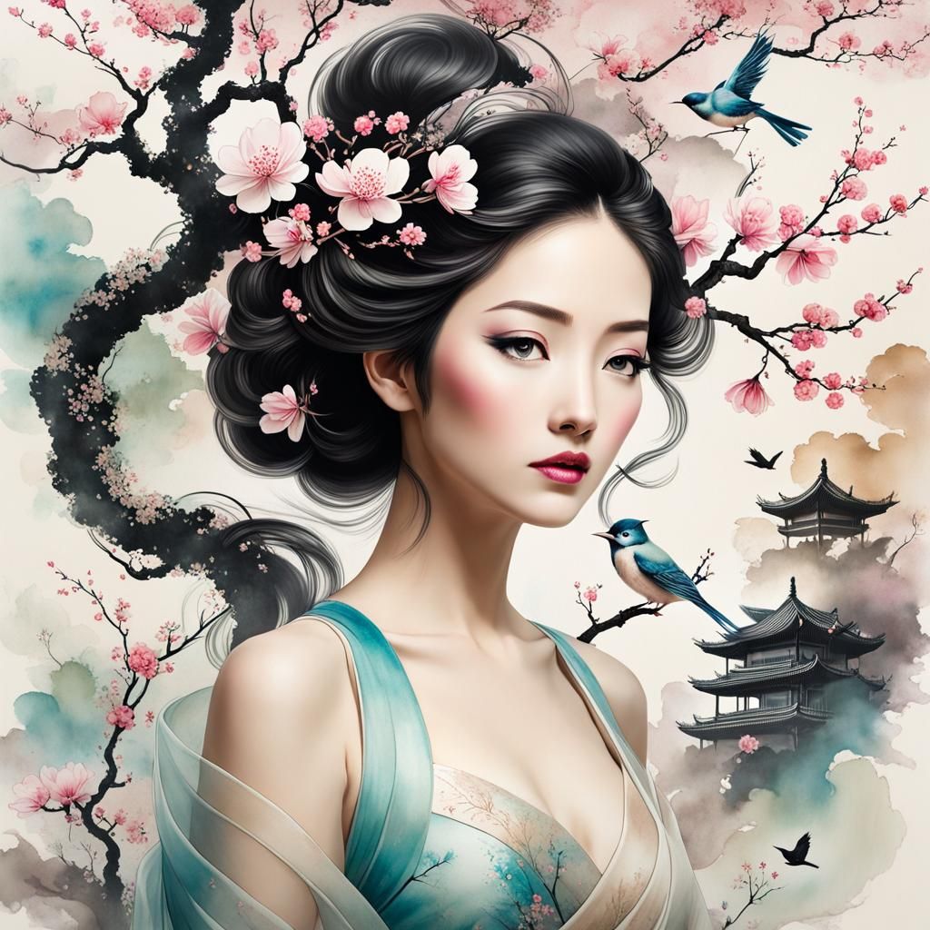 Goddess with Blossoms, Birds, and Trees in Chinese Ink Style