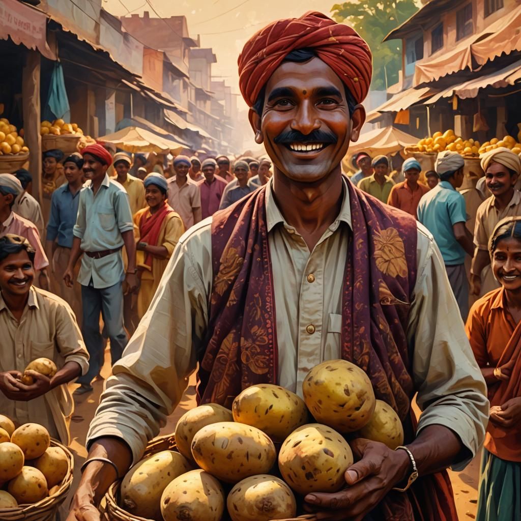 Smiling Farmer in Bustling Market, Indian Folk Art