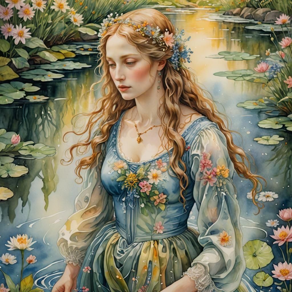 Ethereal Woman in Stream, Watercolor Style